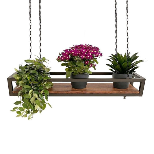 YELLOO - Plant Shelf Indoor Outdoor, Balcony Decor, Metal Flower Stand Hanging Shelf with Chains for Garden, Ideal for Outdoor Planters (FLOWERS 115 cm, Brown/Walnut)