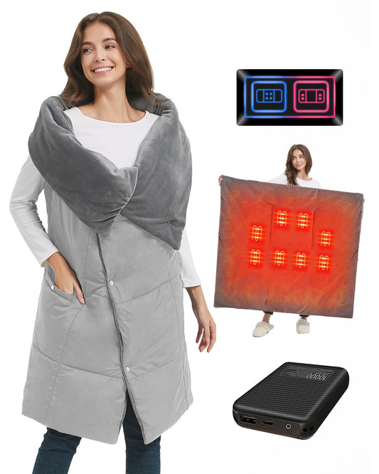Wireless heated blanket with 7.4V battery for men and women, FERNIDA electric heating pad portable heated scarf for home, office, travel, hiking, Gray