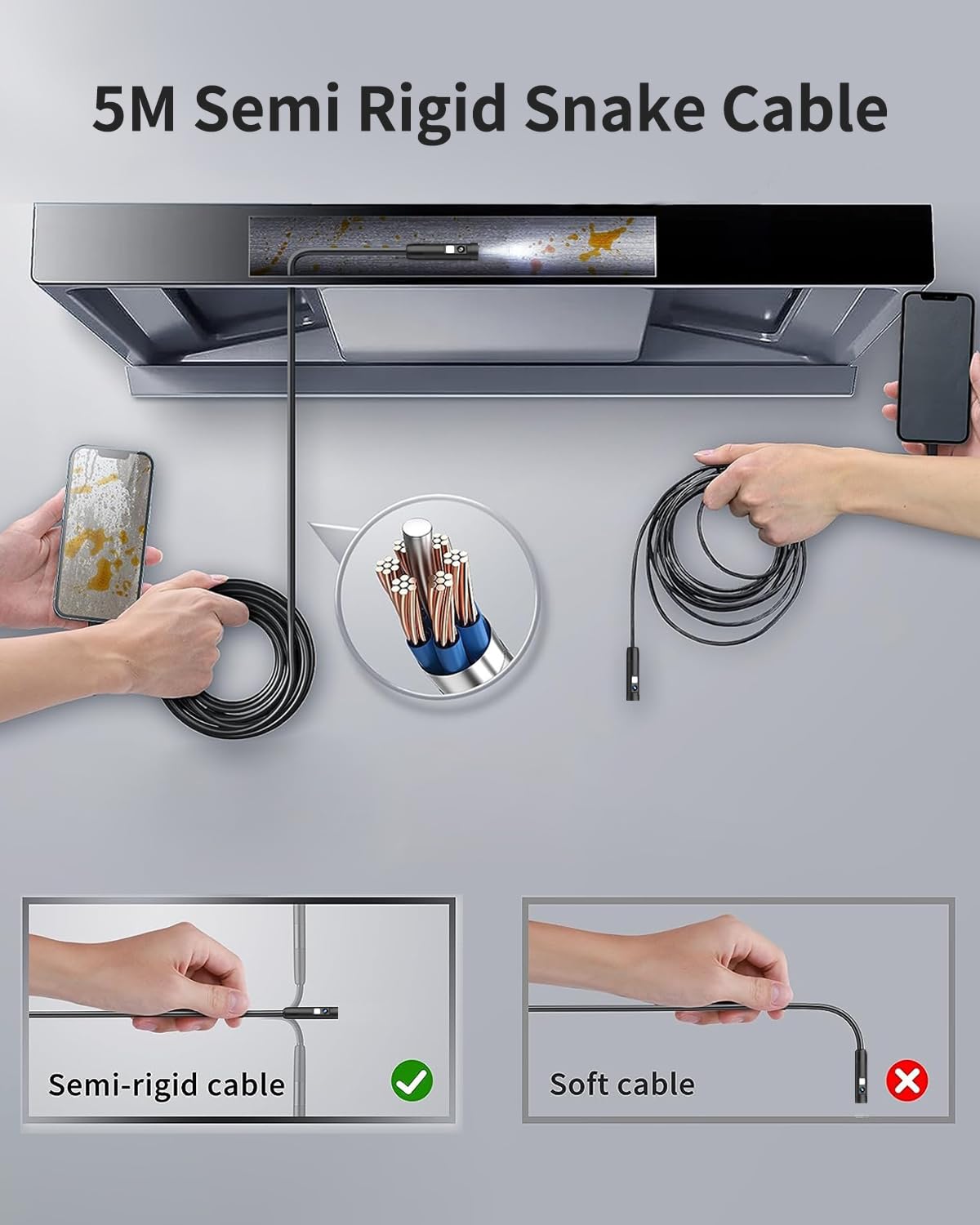 Dual Lens endoscope camera, 1080P HD endoscope camera with light, mobile waterproof IP67 no WiFi required inspection camera with 8+1 LEDs light for Android & iOS, tablet (16.4 ft/5m)