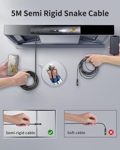 Dual Lens endoscope camera, 1080P HD endoscope camera with light, mobile waterproof IP67 no WiFi required inspection camera with 8+1 LEDs light for Android & iOS, tablet (16.4 ft/5m)