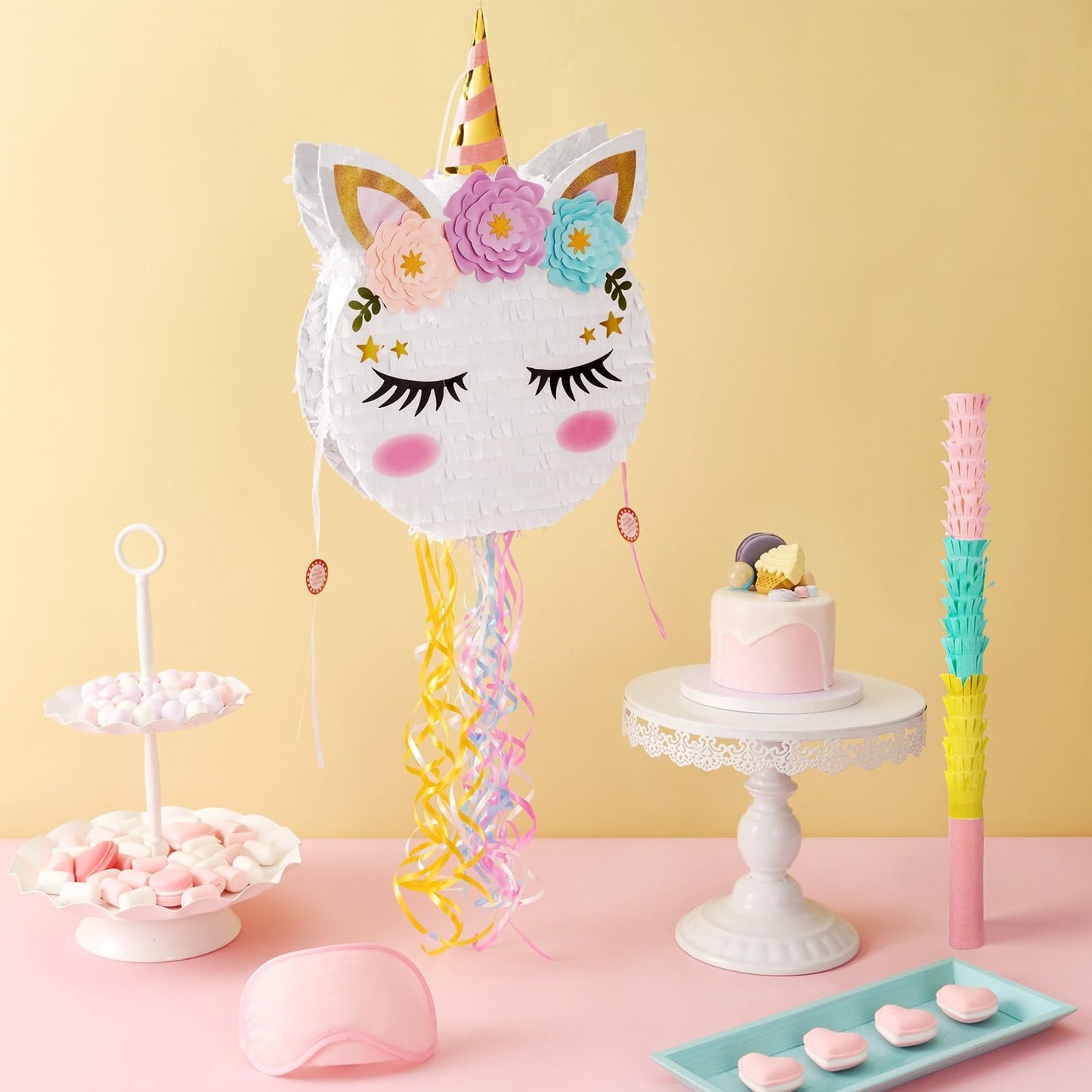 WERNNSAI Unicorn Pinata - Foldable pinata with blindfold and bat for girls, party supplies for kids with unicorn theme, foldable pinata with pull string for unicorn birthday parties.