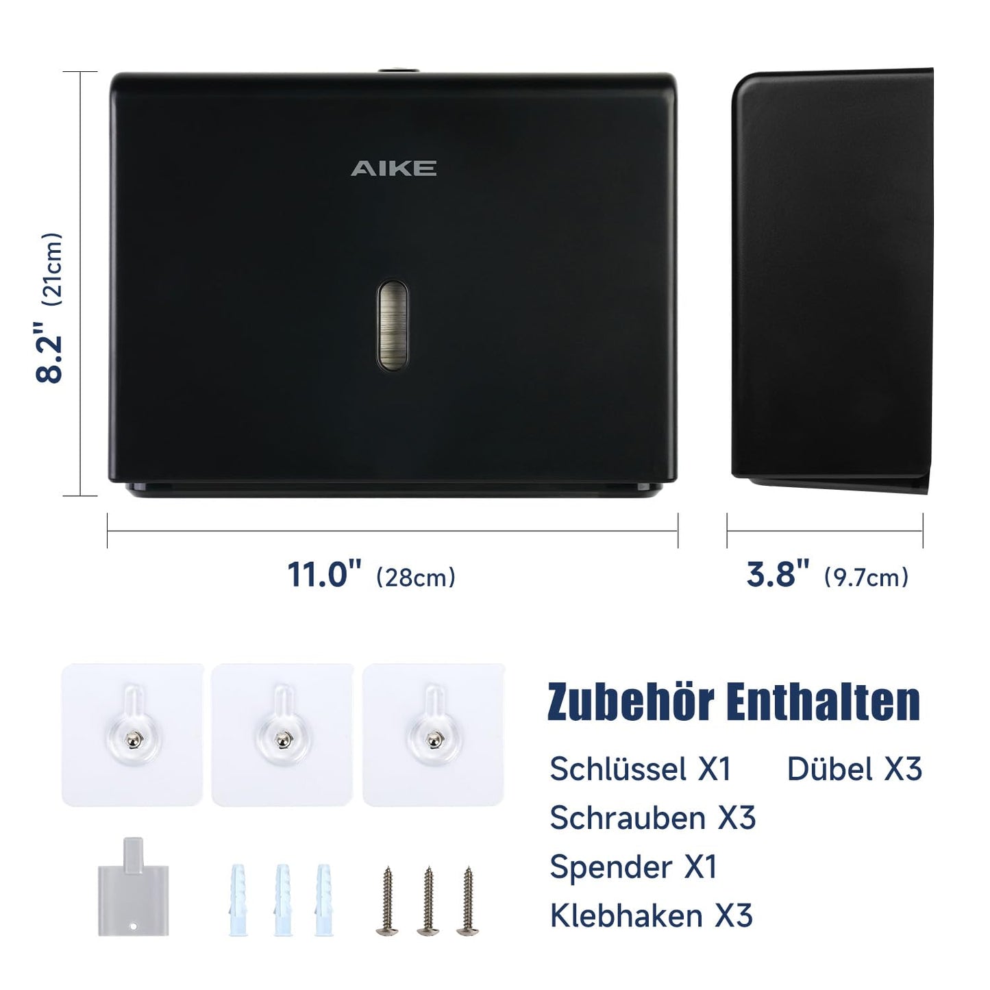 AIKE Paper Towel Dispenser Wall Mount Commercial, holds 200+ sheets for Z-fold & 25.4x7.8 cm multi-fold towels, Towel Dispenser AK5102, Black.