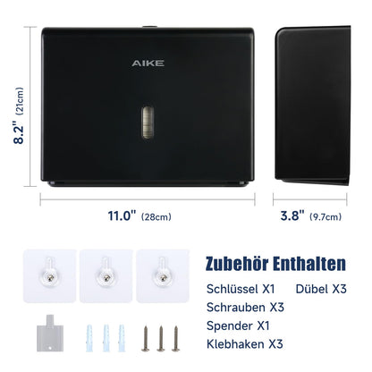 AIKE Paper Towel Dispenser Wall Mount Commercial, holds 200+ sheets for Z-fold & 25.4x7.8 cm multi-fold towels, Towel Dispenser AK5102, Black.