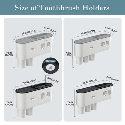 BHeadCat toothbrush holder, wall-mounted toothbrush holder with double automatic toothpaste dispenser for kids and adults, 6 brush slots, 2 magnetic cups, Gray.