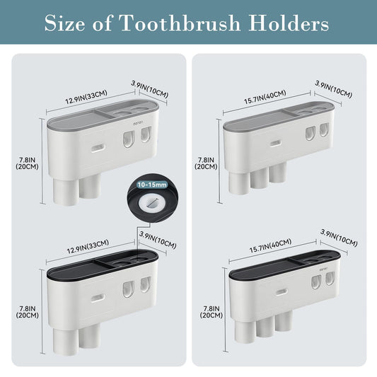 BHeadCat toothbrush holder, wall-mounted toothbrush holder with double automatic toothpaste dispenser for kids and adults, 6 brush slots, 2 magnetic cups, Gray.