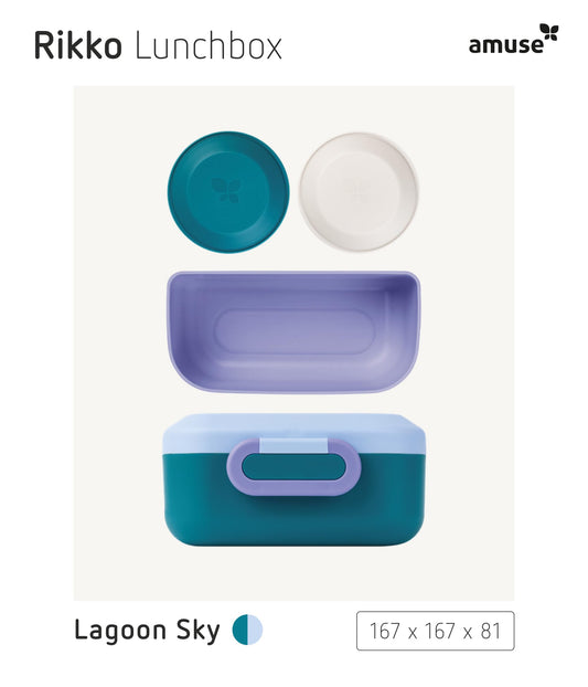 Amuse Rikko lunchbox set for kids with compartments. Bento box includes 2 snack boxes with compartments. Colorful lunchbox ideal for sandwiches, snacks, and meals on the go. Perfect for school lunches and picnics.