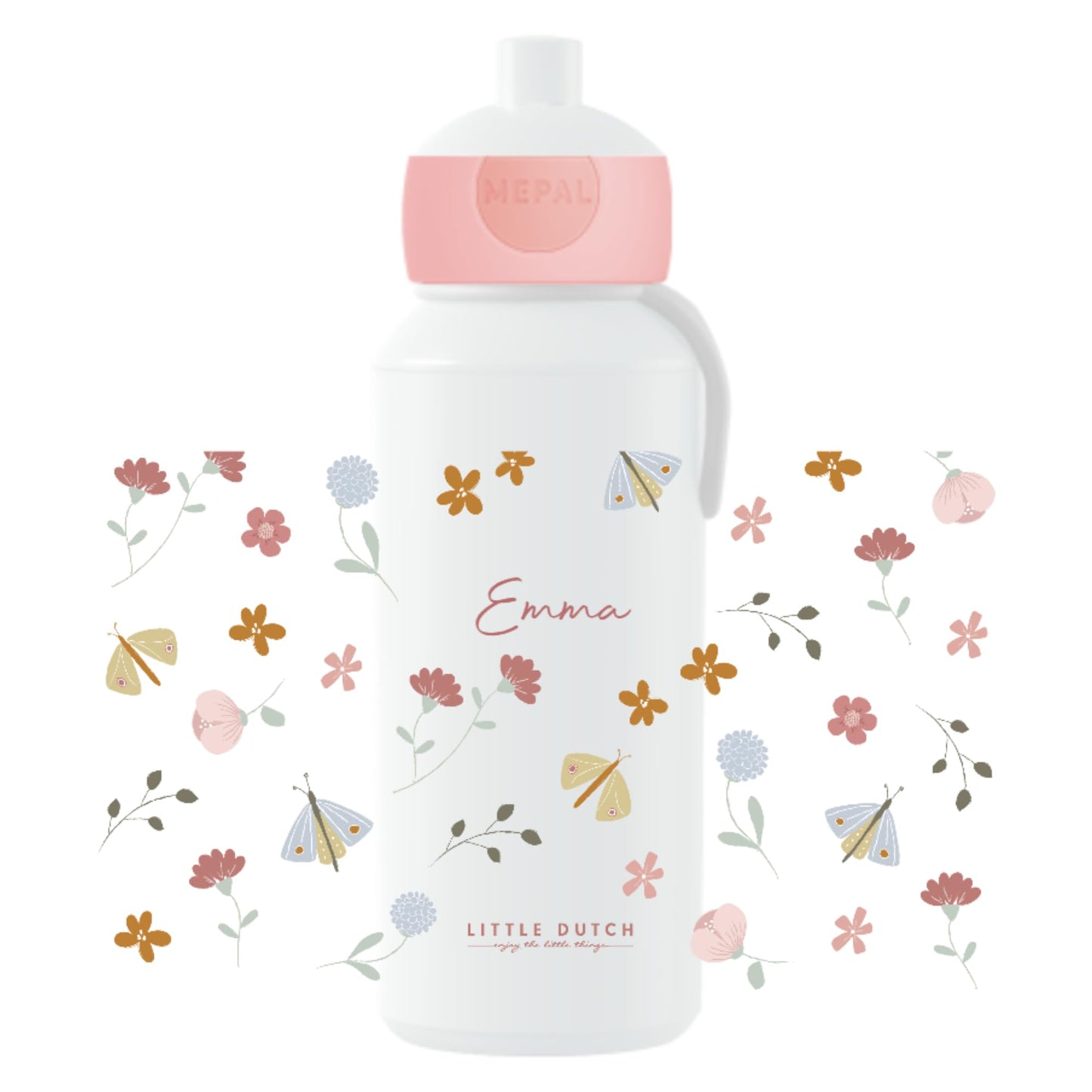 Mepal Little Dutch Pop-up Campus water bottle - Personalized kids' bottle with name - Leak-proof for school - BPA-free & dishwasher safe - 400 ml - Flowers & Butterflies