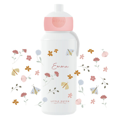 Mepal Little Dutch Pop-up Campus water bottle - Personalized kids' bottle with name - Leak-proof for school - BPA-free & dishwasher safe - 400 ml - Flowers & Butterflies