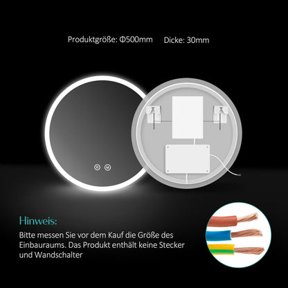EMKE round 50cm bathroom mirror with lighting, touch switch, 3 dimmable light colors, anti-fog, memory function.