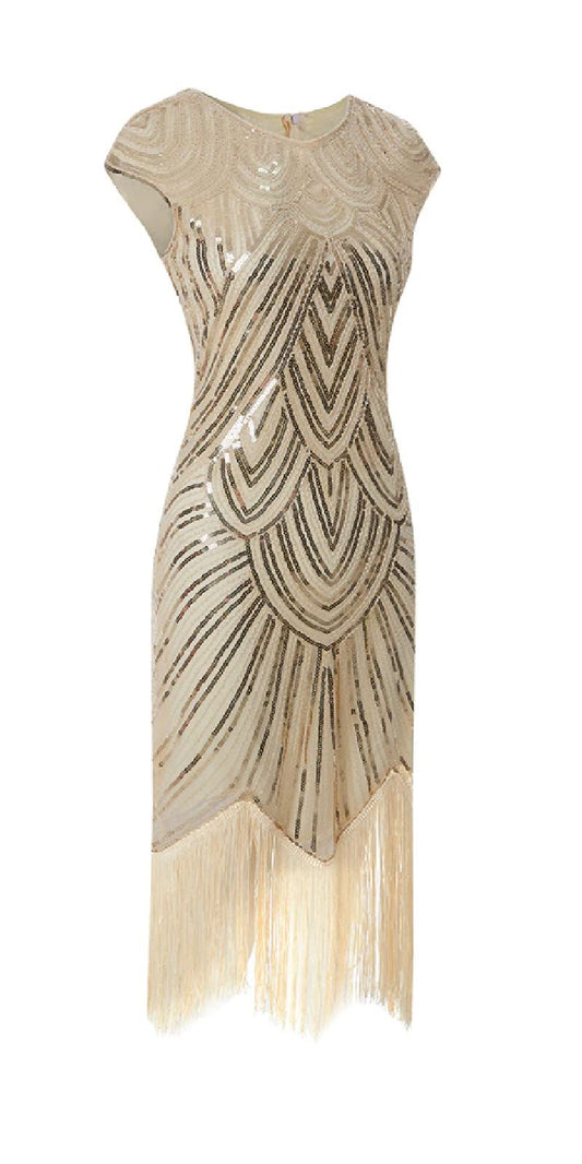 MIMICRY 1920s Charleston Sequin Dress Cream/Gold with Fringe Flapper Women's Costume, Size: S