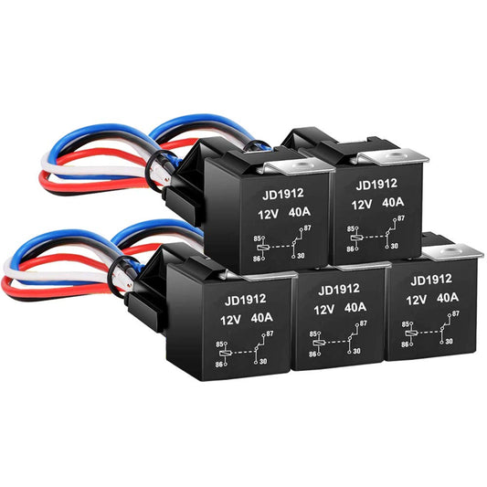 5-piece JD1912 auto relay wiring harness, 12V, 40A, 4-pole, SPST, 12 AWG, harness sockets with built-in diode for cars, trucks, vans, motorcycles, boats.