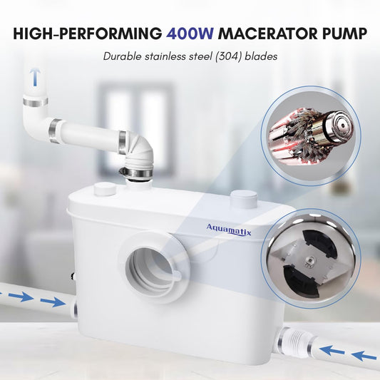 Aquamatix lifting station 400W Sanitary waste pump 100L/min 6.5m vertical discharge distance with 3 inlets for toilet, sink, and bathtub with charcoal filter.