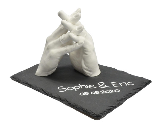 Lucky Hands Family & Wedding Casting Kit Duo | 3D Handprint Set DIY for 2 adult hands | Plaster mold for wedding, family, kids & teens (incl. slate base 20 x 30 cm)