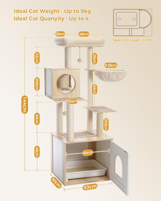 PAWZ Road Modern Cat Tree Wooden Cat Tower with Storage Cabinet Cat Bathroom Enclosure and Spacious Cat House Large upper perching platform and hammock Beige