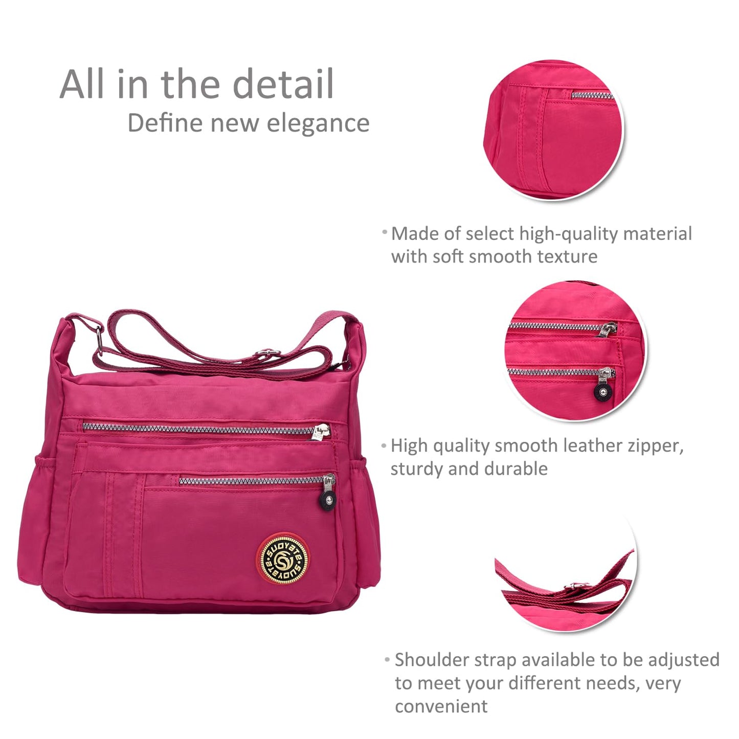 NICOLE & DORIS women's crossbody messenger bag in casual pink nylon, featuring multiple pockets and a zipper closure.