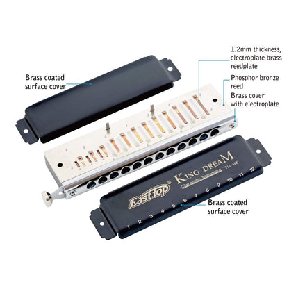 East Top 12-hole Chromatic Harmonica in C, with 48 notes. Ideal for professional players, beginners, students, and adults. Makes the perfect gift.