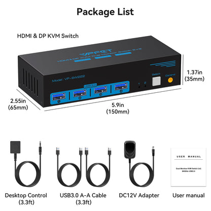 CMSTEDCD 8K60Hz Displayport HDMI KVM Switch allows two PCs to share Dual-Monitor, Keyboard, Mouse, Printer, and U-Disk with 4 USB Ports for seamless switching between computers.