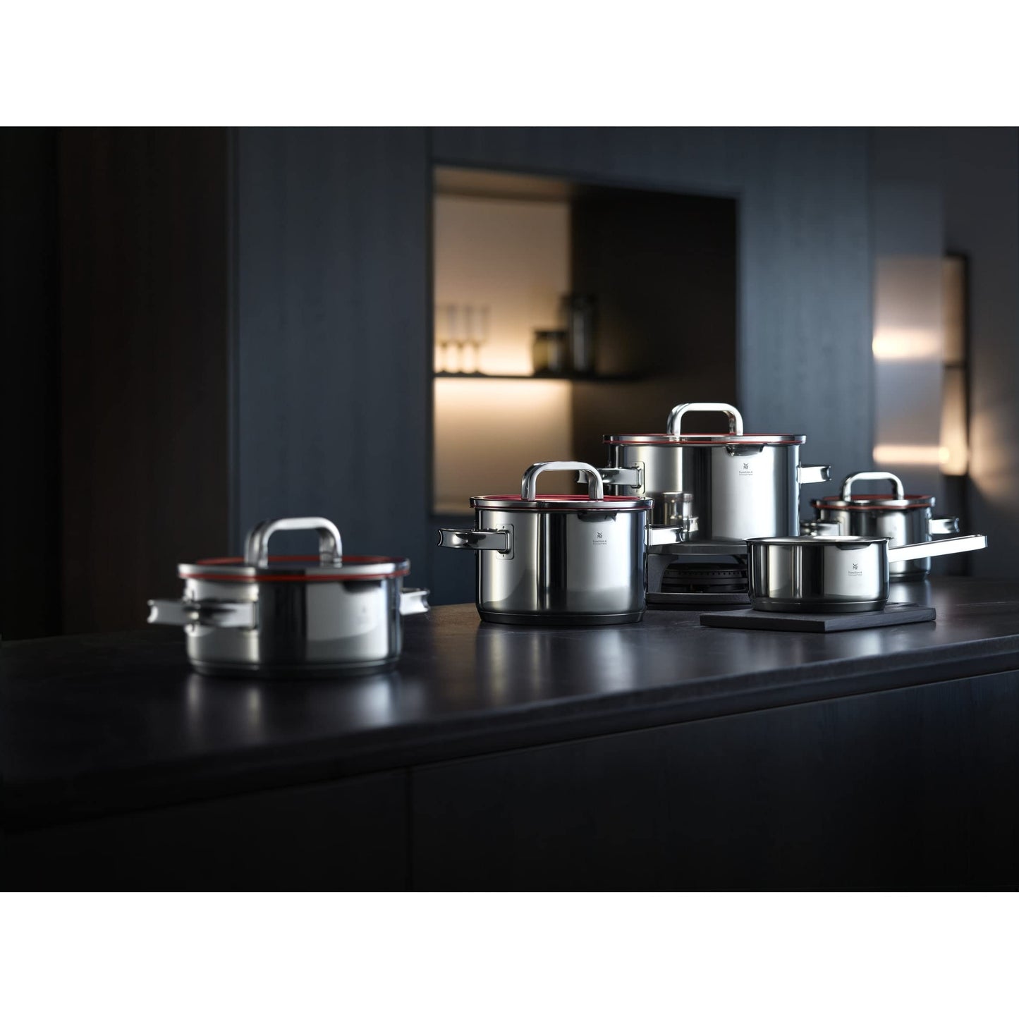 WMF Function 4 Cookware Set Induction 5-piece, glass lids with 4 pouring functions, Cromargan stainless steel polished, Induction Pots Set, interior scaling