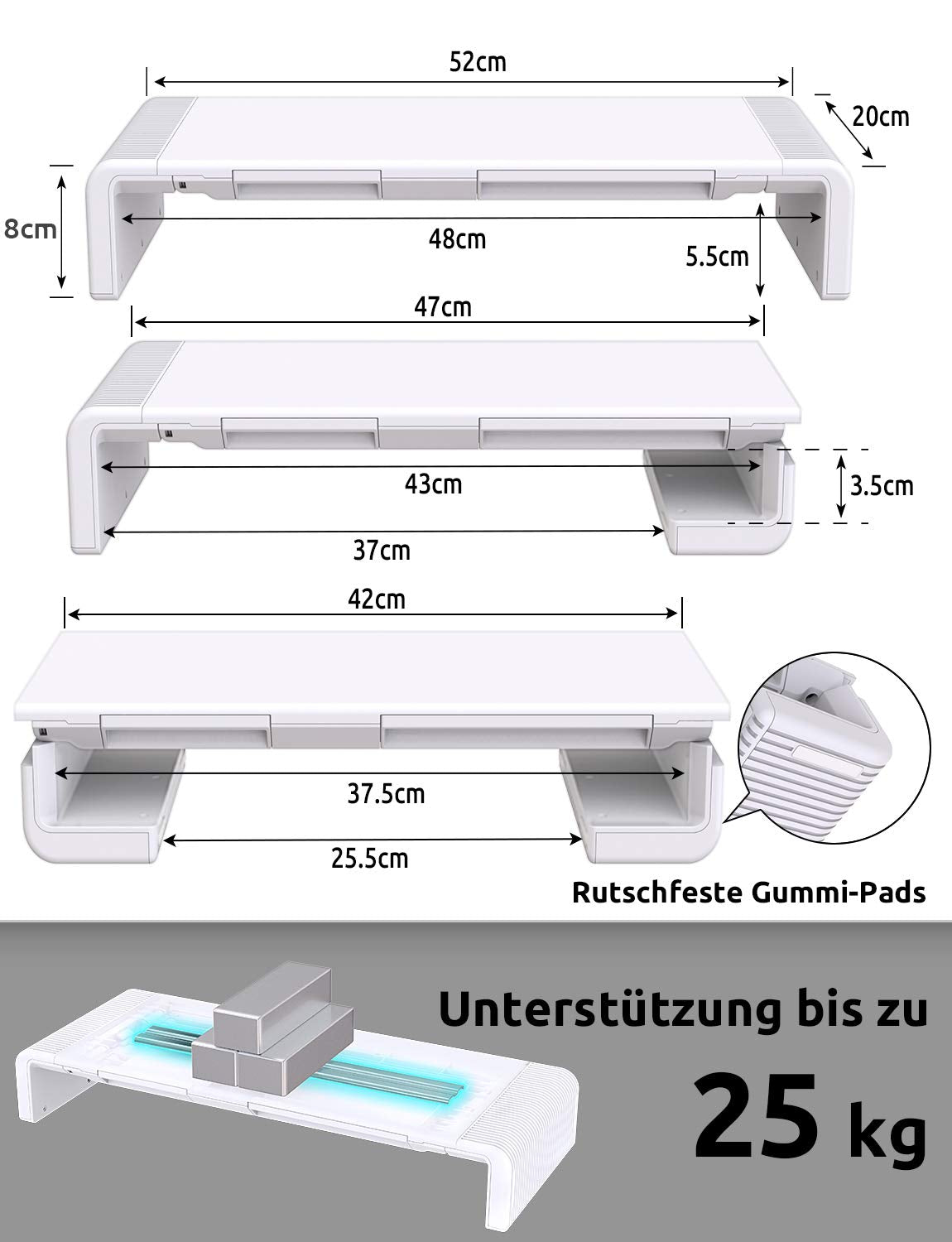 TATEGUARD Foldable Monitor Stand Riser Computer Monitor Stand with Adjustable Width compatible with iMac Printer Laptop with Storage Drawer Tablet & Phone Stand Holder White