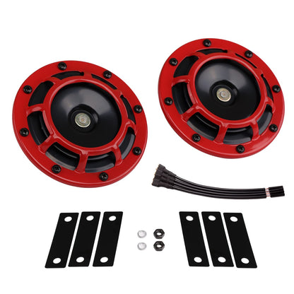 Car horn 12 volt high/low tone dual horn kit with red protective grille. Metal twin horns kit for car motorcycle, red set high/low tone.