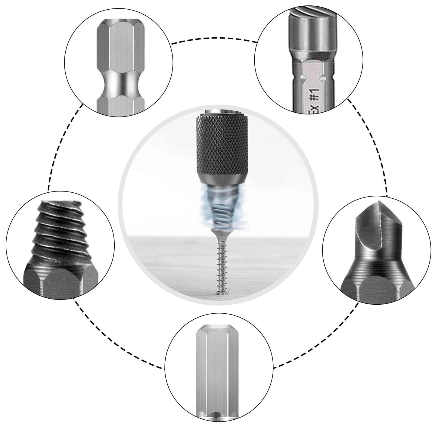 SE22 Screw Extractor for damaged screws, screw remover, tool for removing broken screws with separate polishing and magnetic extension bit holder for damaged screws.