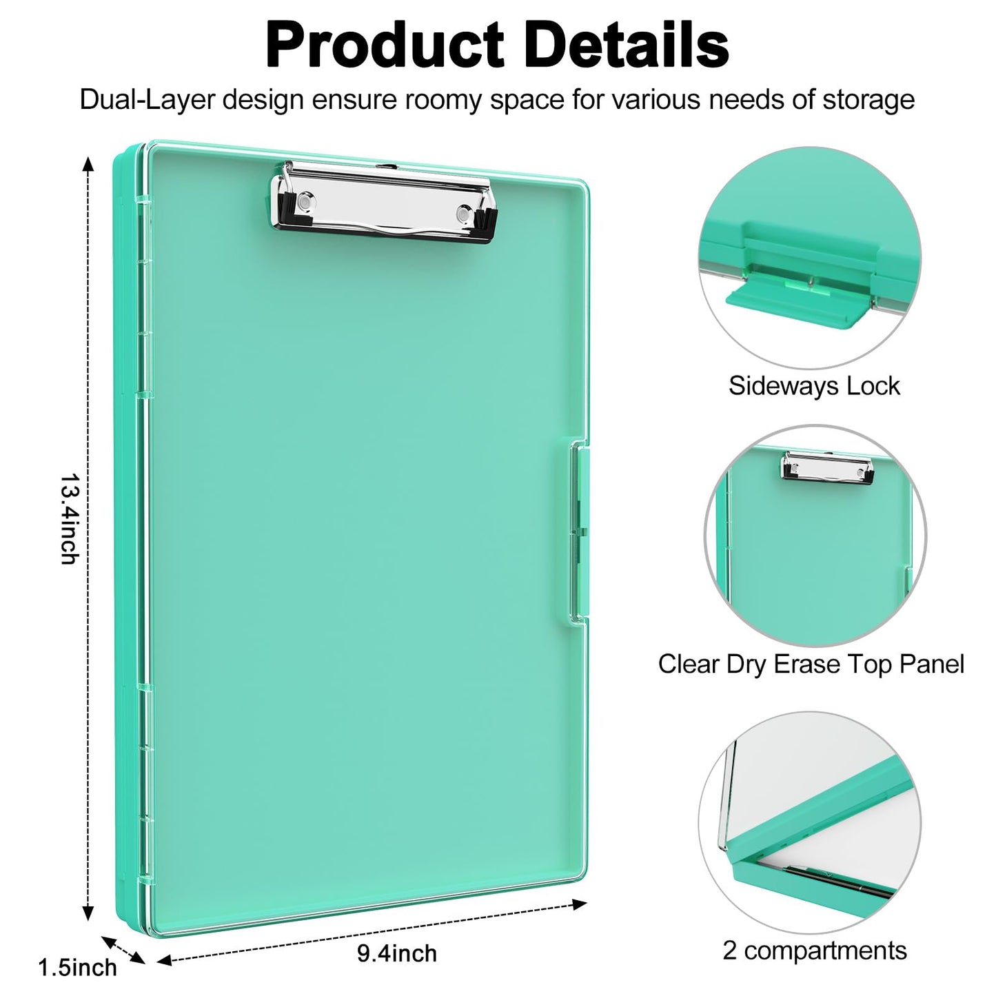 Piasoenc Clipboard with Storage, Clipboard with 2 Storage Boxes and A4 Paper Holder, clear, dry-erase surface, durable plastic, folio & side opening.