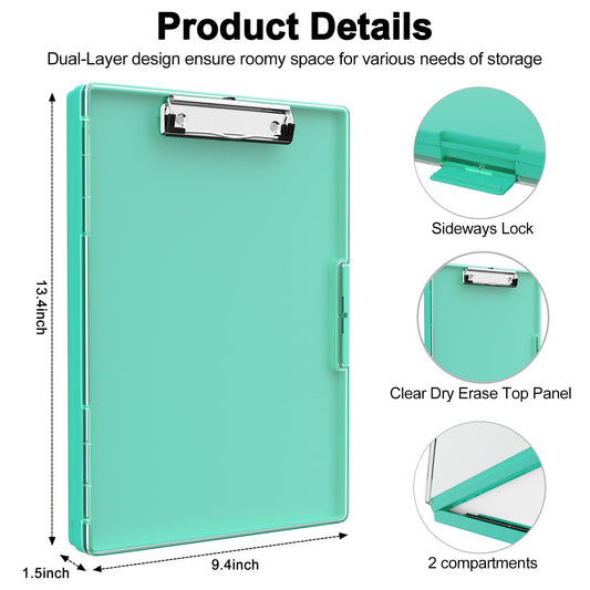 Piasoenc Clipboard with Storage, Clipboard with 2 Storage Boxes and A4 Paper Holder, clear, dry-erase surface, durable plastic, folio & side opening.
