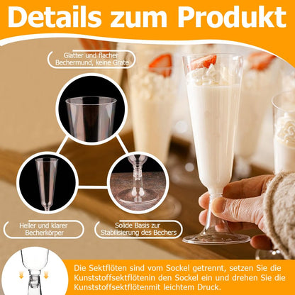 Plastic champagne flute glasses, set of 50. 150ml capacity, reusable. Great for weddings, birthdays, picnics, and parties. Size: 16 x 5.5 cm. Transparent.