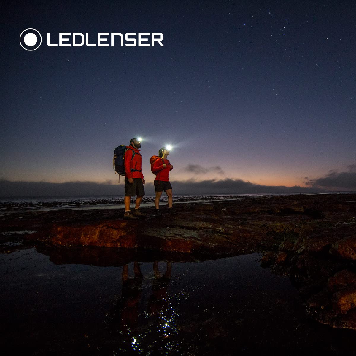 Ledlenser H8R headlamp with rechargeable lithium 18650 battery, 600 lumens, focusable, up to 120h runtime, red taillight, swiveling, USB charging cable.