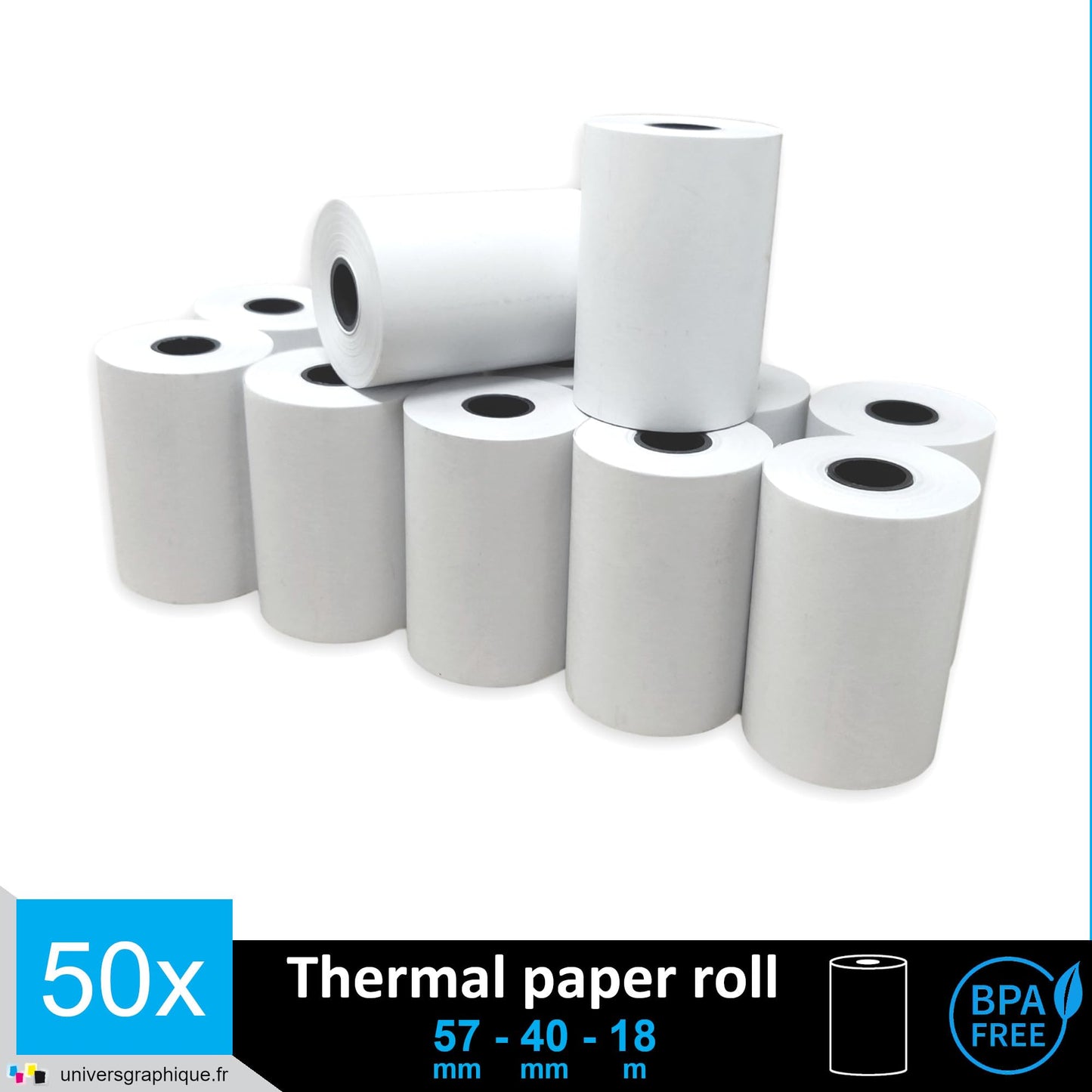 50 EC-Cash thermal rolls 57 x 40 x 12 for EC devices with thermal printers, thermal paper EC-Cash receipt roll, Bisphenol-A free Ø40 mm