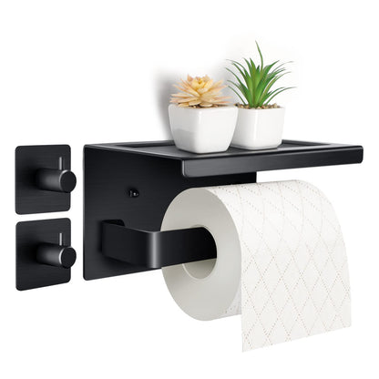 Acmetop toilet paper holder without drilling, aluminum TP holder with 17 cm shelf. Self-adhesive toilet paper holder with 2 adhesive hooks for wall mounting. Toilet roll holder for kitchen and bathroom in black.