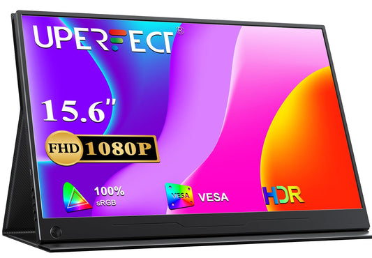 UPERFECT Portable Monitor 15.6 inch, 1920 x 1080 Full HD IPS Screen with HDMI USB C for Laptop PC Mobile Phone PS4/5 Switch. Includes protective case, VESA compatible, Black.