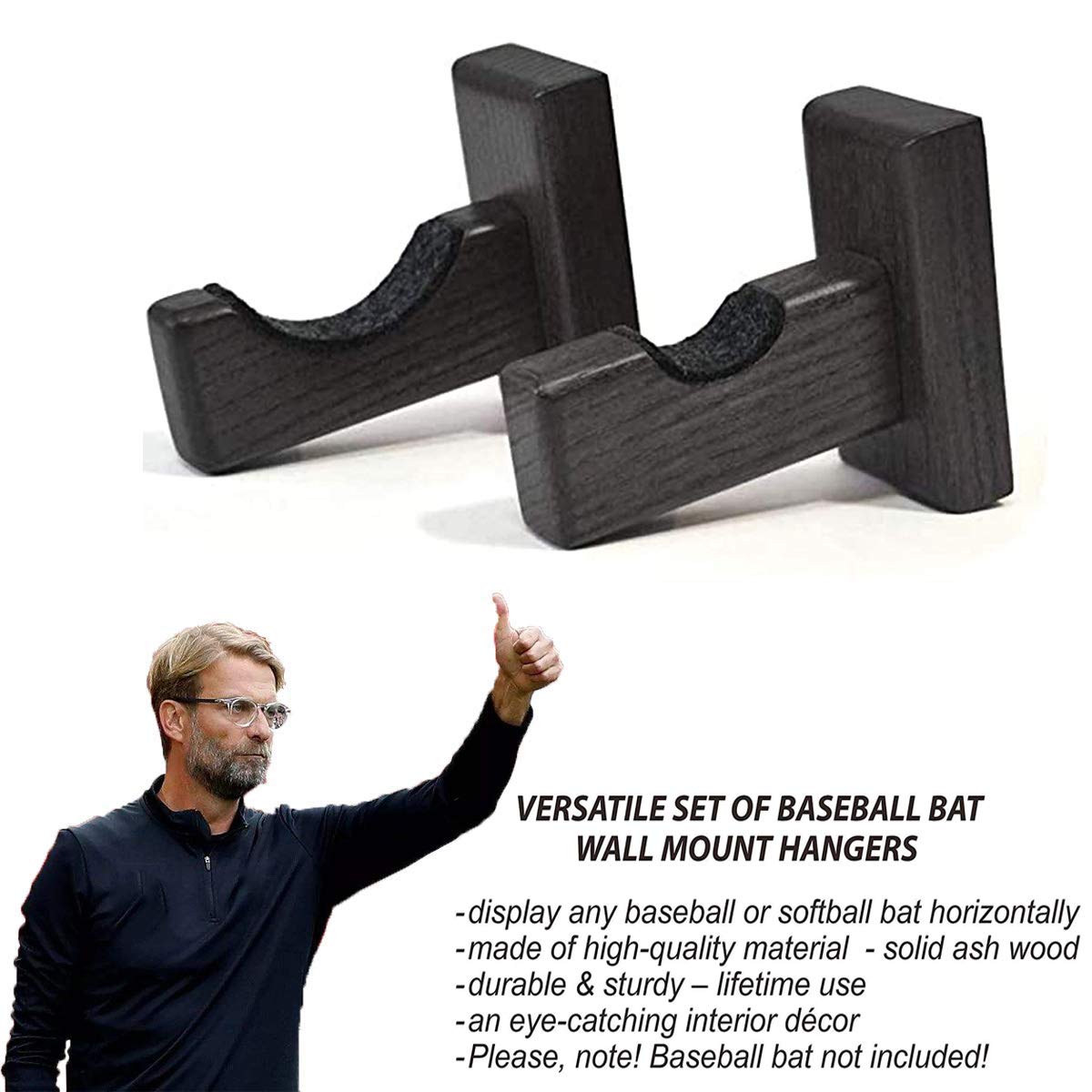 ROLLMOSS Baseball Softball Bat Rack Wall Mount Display Case, Solid Wood Baseball Bat Holder Horizontal Display Rack with Felt Liner and Hidden Screws Bat Souvenir Stand, Softball Storage Shelf