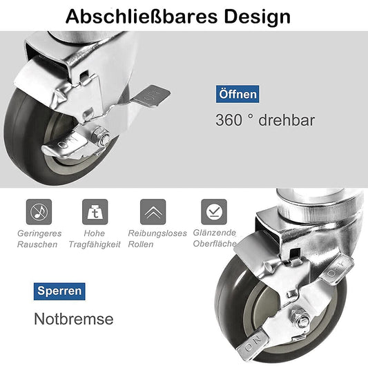 4 pieces heavy-duty casters M12 swivel casters, 100mm PVC wheel casters with brake load capacity 480 KG heavy-duty casters for transportation Non-slip quiet swivel casters Furniture caster