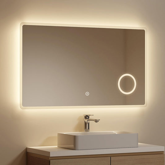 EMKE Bathroom Mirror with Lighting 100x60cm, 3X Cosmetic Mirror, 3 Light Colors, Touch Control, Energy-saving Wall Mirror IP44, 3000K/4000K/6500K.