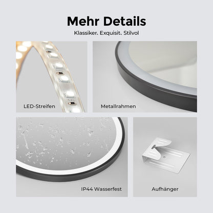 Illuminated bathroom mirror from Heilmetz, 50cm in diameter. LED light with 6500K cool white color, dimmable with touch switch. Round mirror with black frame and removable strap.