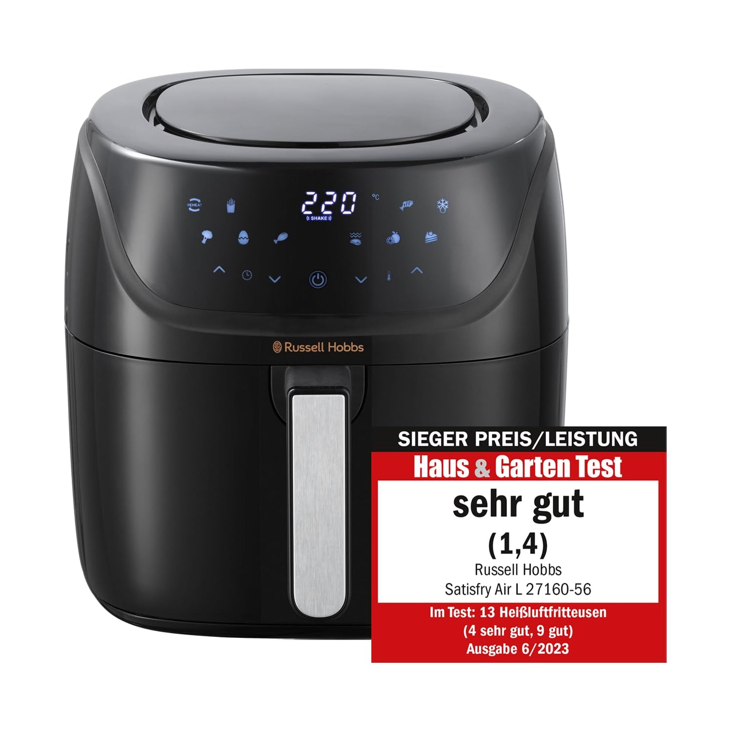 Russell Hobbs 4L Rapid AirFryer with small footprint, 7 cooking functions, and 10 programs. SatisFry is dishwasher safe, reaches up to 220°C, and is oil-free for frying, grilling, baking, and roasting. Model 27160-56.