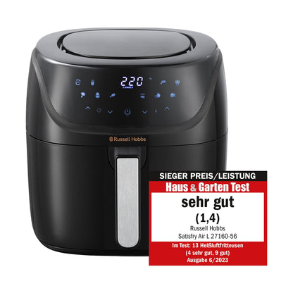 Russell Hobbs 4L Rapid AirFryer with small footprint, 7 cooking functions, and 10 programs. SatisFry is dishwasher safe, reaches up to 220°C, and is oil-free for frying, grilling, baking, and roasting. Model 27160-56.