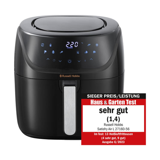 Russell Hobbs 4L Rapid AirFryer with small footprint, 7 cooking functions, and 10 programs. SatisFry is dishwasher safe, reaches up to 220°C, and is oil-free for frying, grilling, baking, and roasting. Model 27160-56.