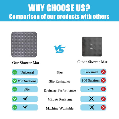 Leeko 80x80cm shower mats, non-slip bath mat with 285 suction cups and drainage holes, PVC material BPA free shower mat, mold-resistant, machine washable anti-slip bath mat (Grey)