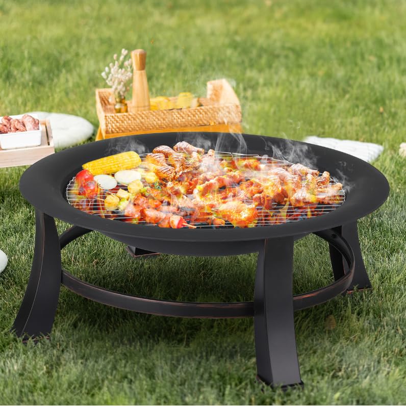 TLGREEN fire pit with spark protection, Φ76cm fire bowl with grill grate, retro-style fire pit for the garden, BBQ fire pit grill, stable and functional, black, large.