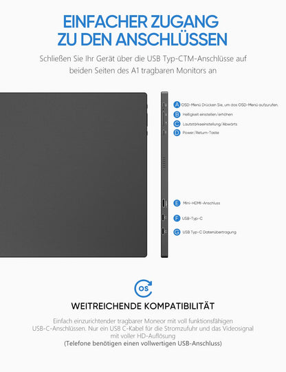 ARZOPA Portable Monitor, 15.6" 1920×1080 FHD IPS Second Screen for Laptop with Stand, Ultra-Thin Dual Monitor for Laptop/PC/Mac/PS3/4/5/Xbox - USB C & HDMI Connection - A1