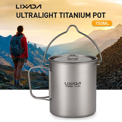 Lixada Ultralight Titanium Pot 750 ml Camping Frying Pan, foldable handle with lid for outdoor portable camping picnic water cup.