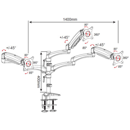 HFTEK - Monitor arm - triple bracket table mount for 3 screens from 15-27 inches with VESA 75/100 - FY138DW