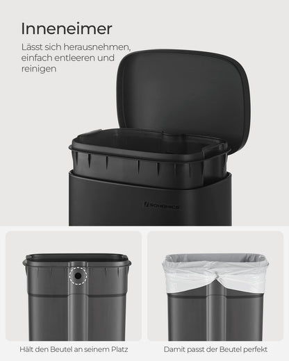 SONGMICS Kitchen Trash Can, 30 Liter, Garbage Bin, Step Trash Can, Kitchen Trash Can with Soft Close Lid and Inner Bin, Pedal Bin, Steel, black LTB03BK