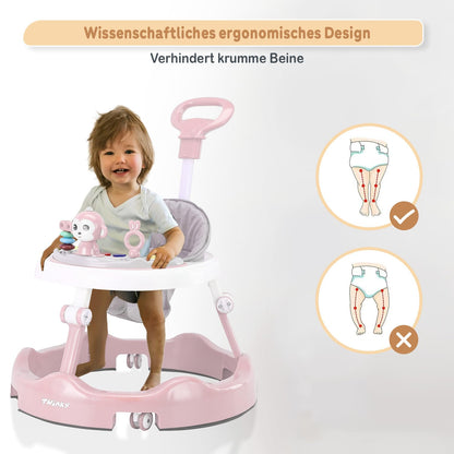Twinky® Baby Walker with Playset & Floor Mat - Sturdy 4-way adjustable preschool walking aid - Perfect as a support for your little one's first steps (Pink)