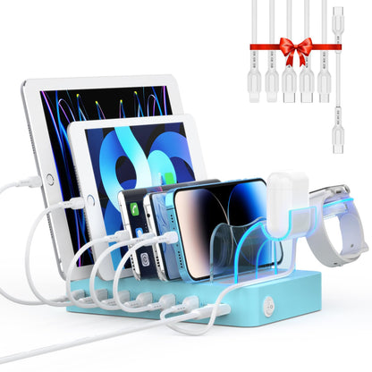 SooPii USB Charging Station 60W/12A, 6-Port Docking Station, Organizer for multiple devices with i Watch Holder, 6 cables included for phones, tablets, and other electronic devices.