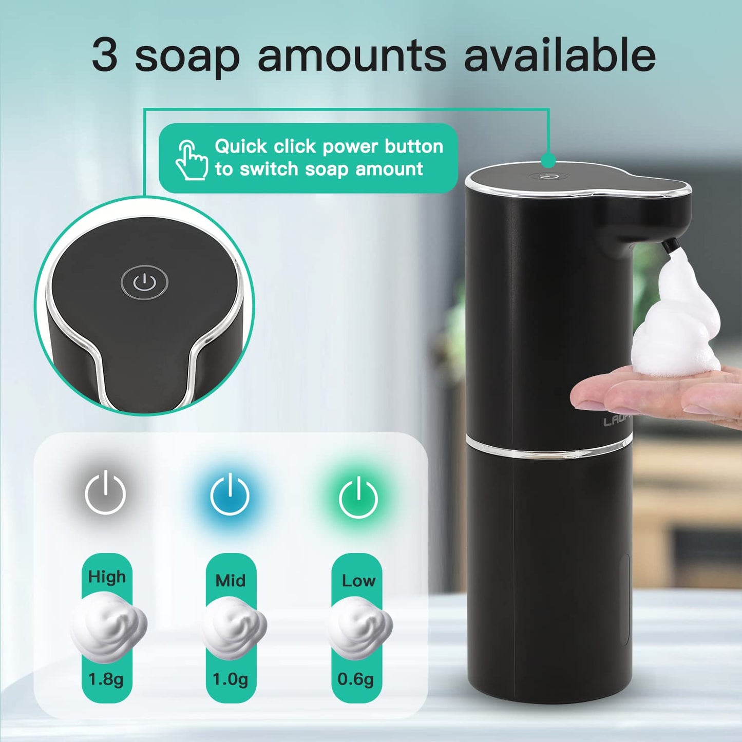 Automatic foam wall-mounted soap dispenser with sensor - LAOPAO Electric soap dispenser with induction infrared set and USB charging IPX5 waterproof, motion sensor for kitchen & bathroom (Black)
