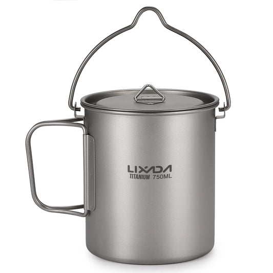 Lixada Ultralight Titanium Pot 750 ml Camping Frying Pan, foldable handle with lid for outdoor portable camping picnic water cup.
