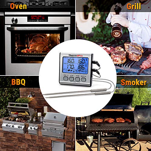 ThermoPro TP17 Digital Meat Thermometer with Dual Probe, Large LCD Backlight, Food Grill Thermometer with Timer Mode for Smoker, Kitchen, Oven, BBQ, Silver
